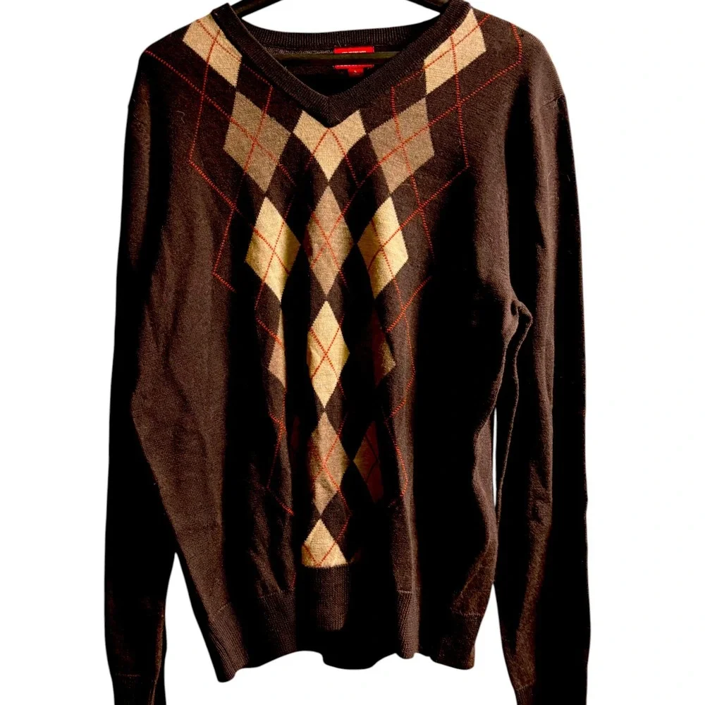 Merona Mens 100% Merino‎ Wool Argyle V-Neck Sweater Brown Large VN1168501